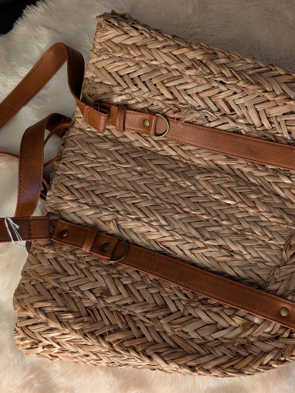 Woven Straw Tote Bag with Brown Leather Straps - Picture 6 of 6
